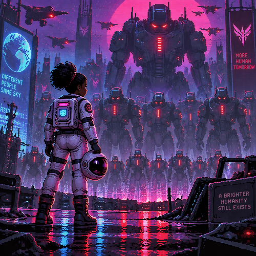 A young girl astronaut with dark skin faces a huge robot army