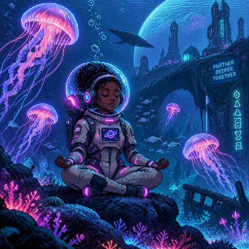 A young girl astronaut with dark skin meditates underwater in an alien ocean with jellyfish