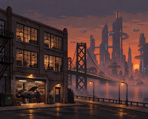 Pixel art cityscape with industrial buildings, bridges, and glowing orange lights at dusk.