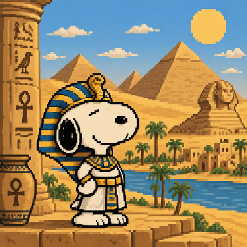 Un snopy vestido de faraón con pirámides atrás y paisaje como en Egipto 