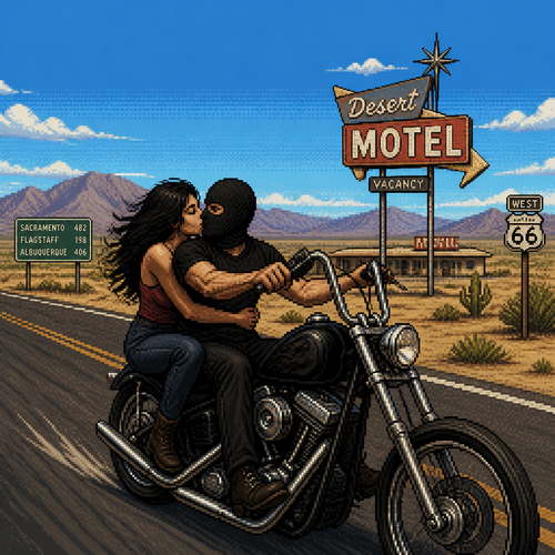 wide desert highway scene at midday, clear blue sky, distant mountains, vintage motel sign and road signs along the roadside, man in a black tshirt and black clothing wearing a plain black balaclava-style mask, two simple round eye holes, riding a chopper motorcycle, woman with long dark hair riding behind him, arms wrapped around him, both leaning in for a kiss, woman wearing a burgundy fitted top and dark denim, desert brush along the roadside, cool sandy tones against the bright blue sky, sense of freedom and motion, 16-bit pixel art, dithered shading, limited color palette, hard pixel edges, retro game aesthetic, cinematic wide framing