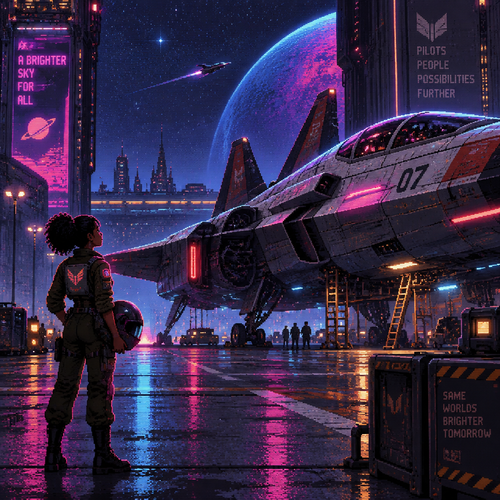 A young girl star fighter (with dark skin)pilot looks up at her starship from a distance