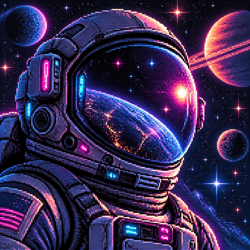 Close up of an astronaut with helmet on surrounded by stars and planets.