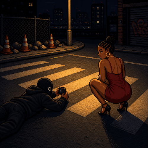 nighttime city street scene, traffic cones and rocks lining a curb, crosswalk with warm yellow road markings, man in a black hoodie and black clothing wearing a plain black balaclava-style mask, two simple round eye holes, lying flat on the ground filming with his phone, woman crouched on the pavement across from him, cornrow updo hairstyle, wearing a fitted deep red slip dress and black heels, looking back over her shoulder, dramatic single-source lighting casting long shadows, dark asphalt, moody urban night atmosphere, 16-bit pixel art, dithered shading, limited color palette, hard pixel edges, retro game aesthetic, cinematic framing