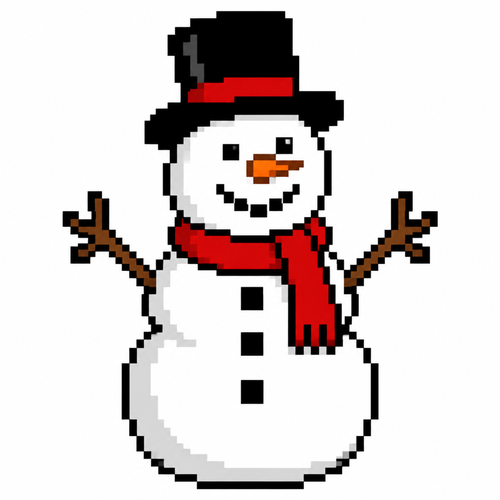 High contrast image on a white background of a smiling snowman. 