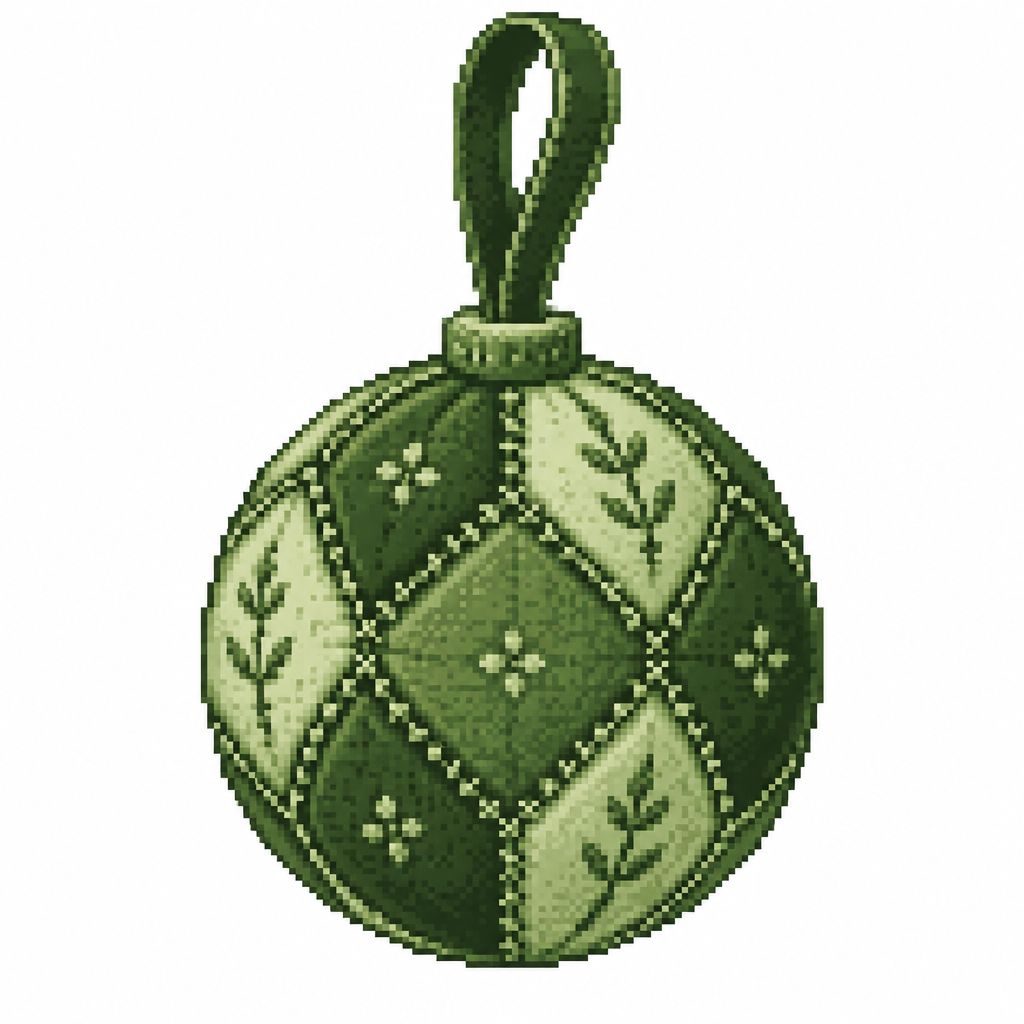 A quilted fabric bauble with embroidered seams and a velvet hanging loop. White background