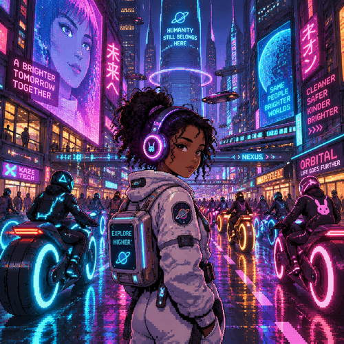 Please show a young astronaut girl with brown skin and headphones standing in the middle of a busy futuristic city street with people on Tron light cycles.