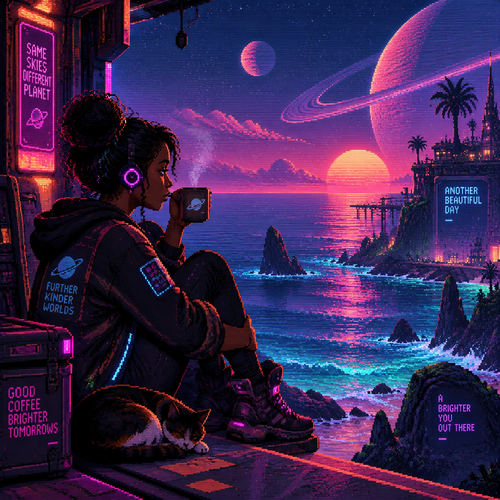 A young girl with dark skin has coffee by the ocean on an alien planet