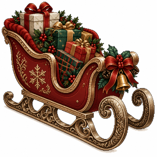Realistic sculpted sleigh centerpiece with engraved runners and inter grated gift bundle. High contrast on a white background