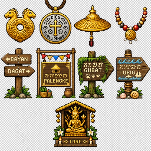 16-bit pixel art Filipino lingling-o gold amulet, 32x32, double-headed pendant, two opposing heads, circular body with center hole, geometric ukkil patterns, worn ancient texture, bright gold #FFD700, SNES RPG artifact, transparent background, Ifugao design

16-bit pixel art Filipino anting-anting amulet, 32x32, circular medallion, raised border, Latin text and baybayin glyphs inscribed, small cross in center, eye symbols in corners, leather cord, gold and silver #C0C0C0, SNES RPG lucky charm, transparent background

16-bit pixel art Filipino golden salakot hat, 32x32, wide-brimmed, pointed top with finial, intricate ukkil patterns on brim, gold #FFD700 sheen, small tassel hanging, SNES RPG equipment icon, transparent background

16-bit pixel art Filipino bunga gold necklace, 32x32, strand of gold beads, alternating red and black stones, central gold pendant, draped curve, pearl accents, SNES RPG accessory, transparent background

16-bit pixel art wooden direction signpost, 64x64, two wooden planks pointing left and right, cream painted text, wood grain texture, nails at attachment, vertical post with bark, small plants at base, SNES RPG overworld asset, transparent background, Filipino nipa village style

16-bit pixel art Filipino village market sign, 64x64, rectangular wooden board, "PALENGKE" carved in baybayin and Latin, gold painted border, small nipa hut icon, hanging from bamboo frame, banderitas strung across top, SNES RPG shop sign, transparent background

16-bit pixel art forest trail wooden sign, 64x64, rough-hewn board, "GUBAT" carved in baybayin, moss on edges, leaf and vine decorations, arrow shape, small animal tracks, SNES RPG forest path marker, transparent background

16-bit pixel art water route wooden sign, 64x64, weathered board, "TUBIG" carved in baybayin, wave pattern border, fish and bangka icons, rope wrapped around post, seashells at base, SNES RPG water path marker, transparent background

16-bit pixel art golden Tara shrine sign, 64x64, o