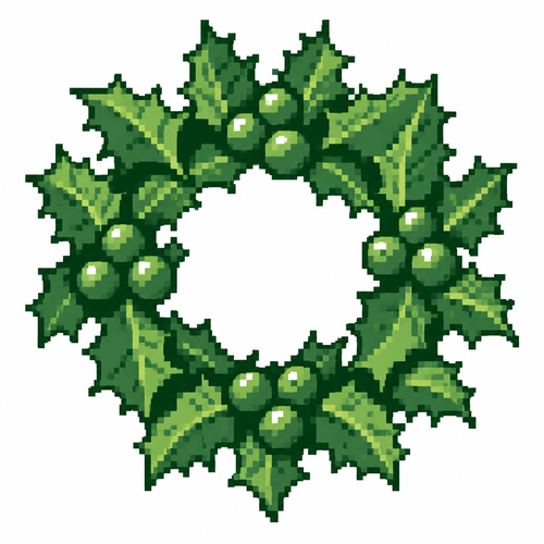 A holly wreath with serrated leaves and clustered glossy berries. White background 