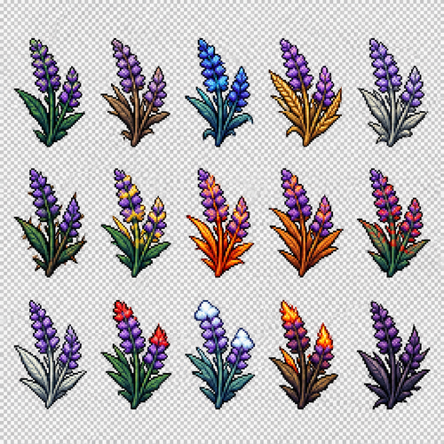 Create a 2D pixel art sprite sheet featuring 15 individual icons each exactly 32x32  pixels, arranged 5 horizontally and 3 vertically spaced evenly. Style: classic fantasy RPG, inspired by 16bit games, with crisp pixel art, clean outlines, subtle shading, and a cohesive color palette. Use a transparent background. Each Icon  should be centered within its 32x32 canvas and remain highly readable at small sizes. 




The 15 icons are: 




1: Green Speckled Lavender
2: Prairie Braised Lavender
3: Blue Ocean Lavender
4: Grain Rift Lavender 
5: Limestone Lavender 
6: Thorny Lavender 
7: Yellow Tinged Lavender 
8: Fire Stalk Lavender 
9: Burnt Orange Lavender 
10: Red Stripes Lavender 
11: White Leafed Lavender 
12: Red Tipped Lavender 
13: Cloudy Top Lavender
14: Fire Dipped Lavender
15: Darkness Spiked Lavender




Requirements: 
	•	Each icon must be exactly 32x32 pixels.
  • All based off of real life variants.
   • All facing sideways so you see the side of their bodies.
	•	Output as a sprite sheet with each icon occupying its own 32x32 cell** DO NOT GO OUT PAST THESE PARAMETERs**
	•	Transparent background.
	•	No text, labels, borders, or UI elements.
	•	Consistent Fantasy RPG Aesthetic across all icons.
	•	High contrast and excellent readability for use in a game interface.
	•	Clean polished pixel art with enough detail for low resolution sprites.
	•	Avoid anti-aliasing, blurring, or painterly effects; preserve a true pixel art appearance.