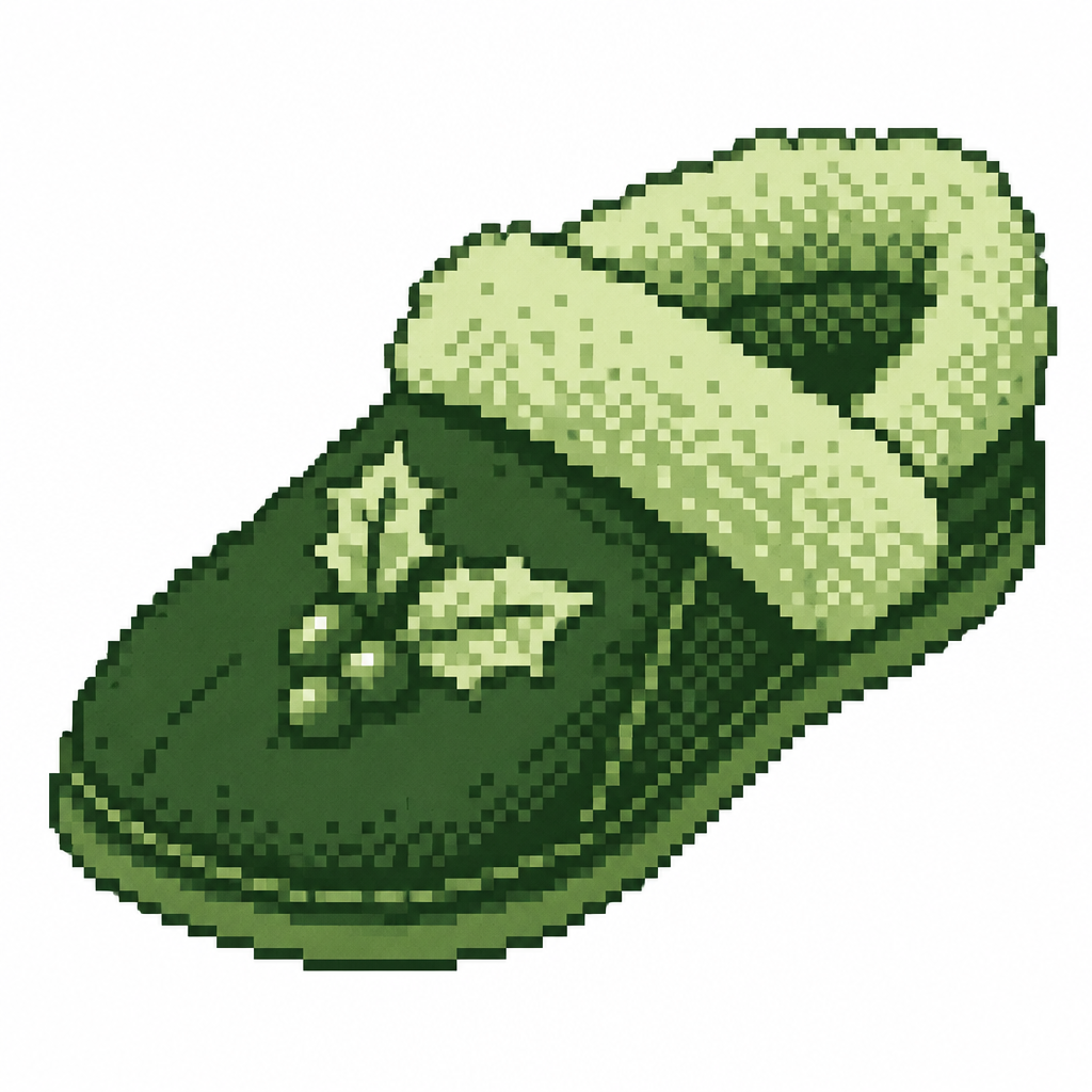 A plush Christmas slipper with embroidered holly and a textured fleece lining. White background