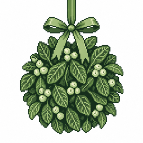 A spherical mistletoe kissing ball with visible leaf veins and a hanging ribbon. White background 