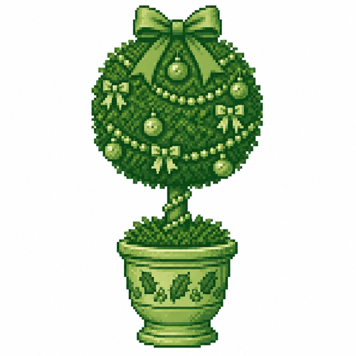 A decorated Christmas topiary with clipped foliage and a textured ceramic pot. White background.