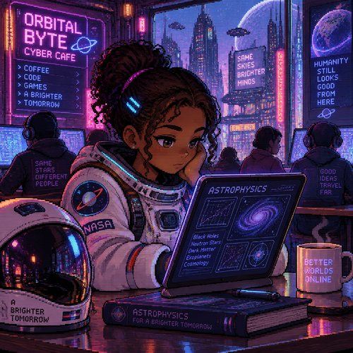 A young teen girl astronaut with brown skin is reading a tablet on astrophysics in a cyber cafe
