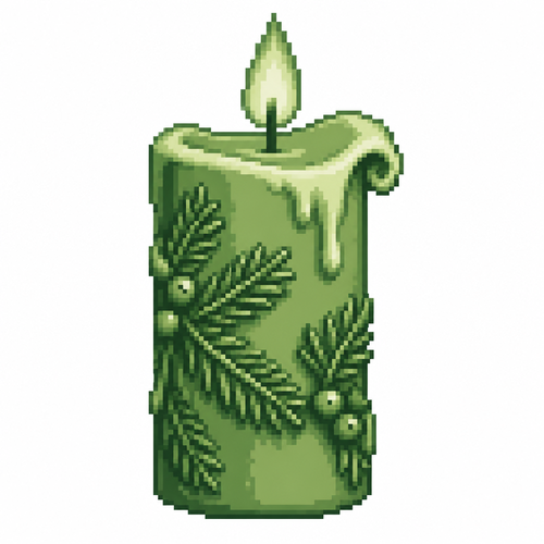 A Christmas pillar candle with embossed evergreen branches and a curled wax edge. White background 