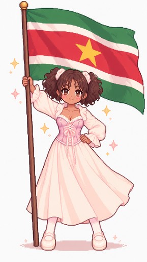 Pixel art of a person in a pink dress holding a colorful striped flag.