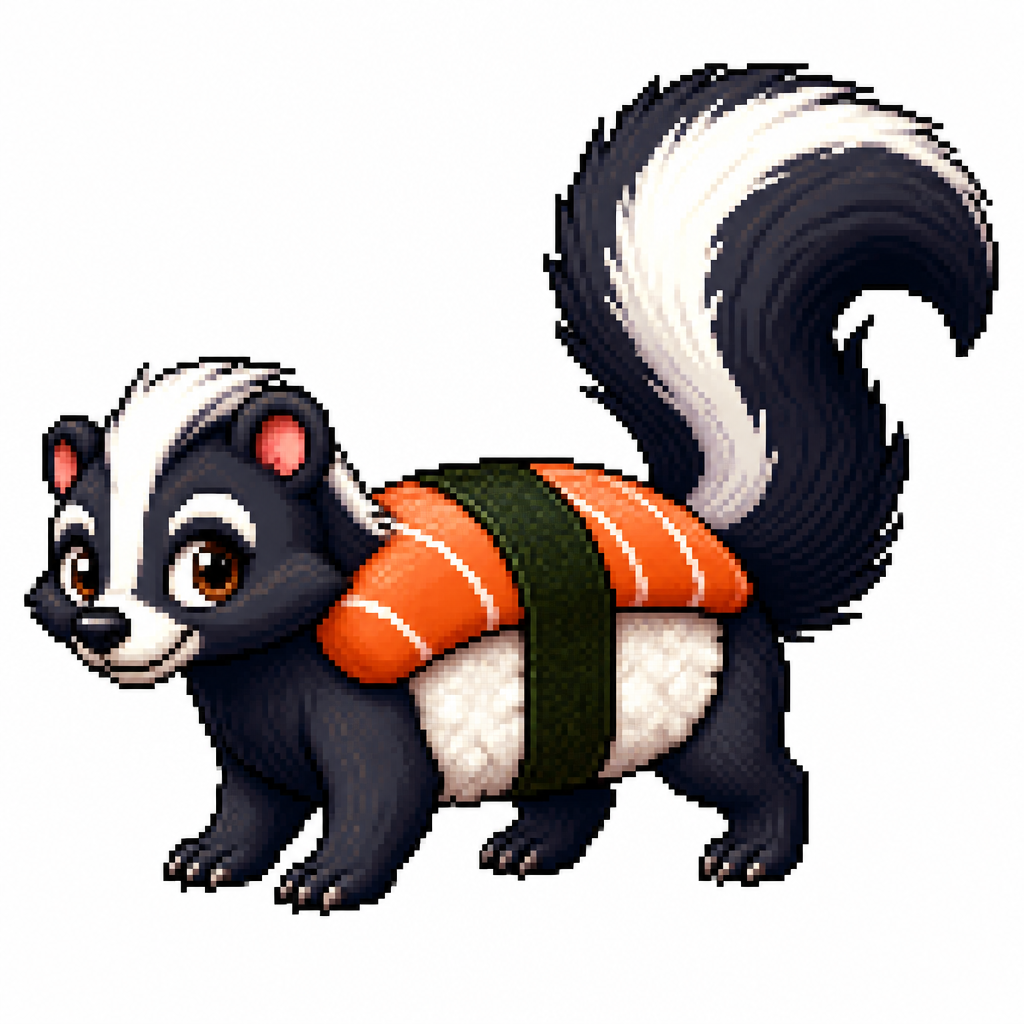 Cartoon sushi skunk (quadruped), full body, white background