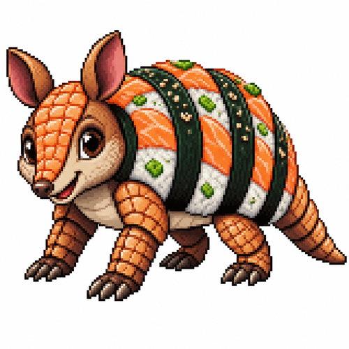 Cartoon sushi armadillo, full body, white background