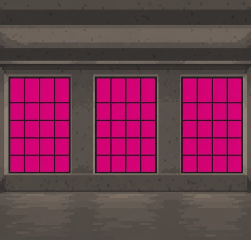 Pixel art of three bright pink grid windows in a gray stone wall.