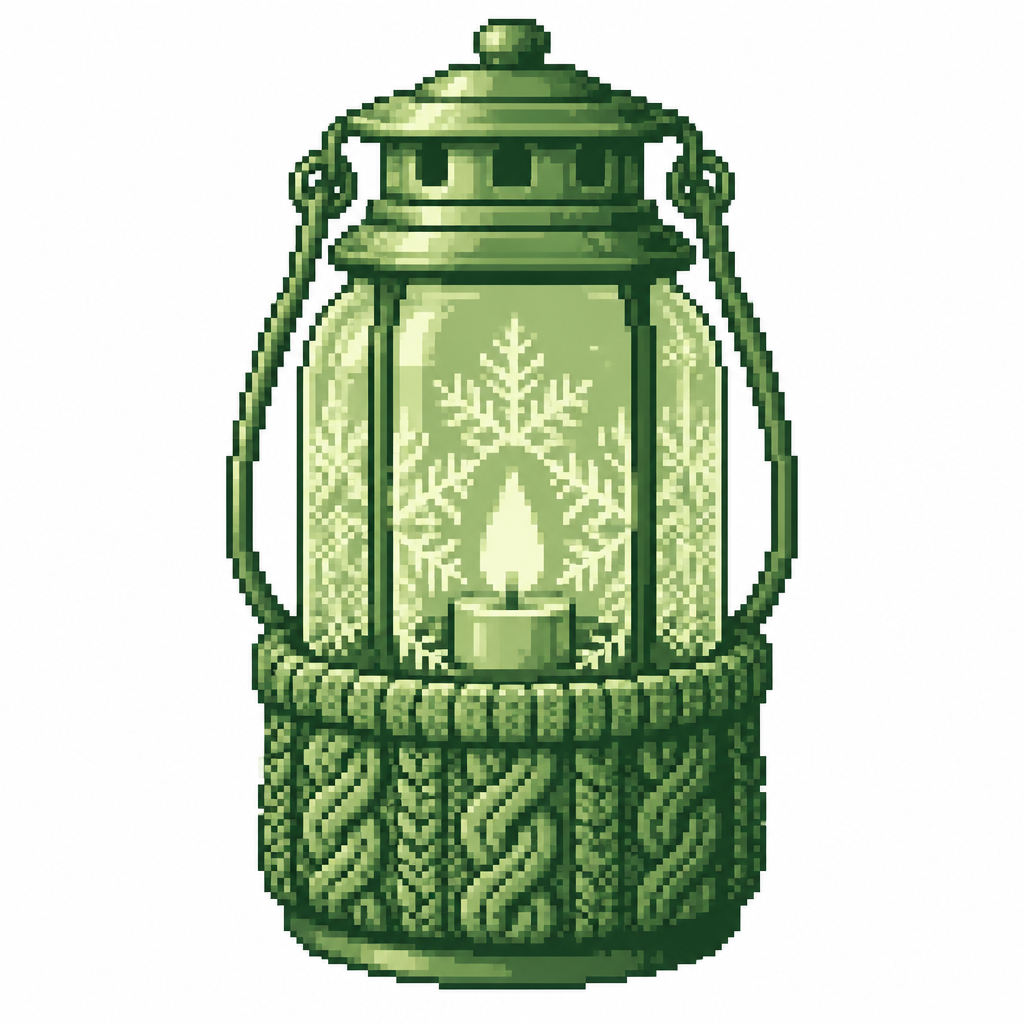 A frost-patterned glass lantern with a thick knitted sleeve around its base. White background