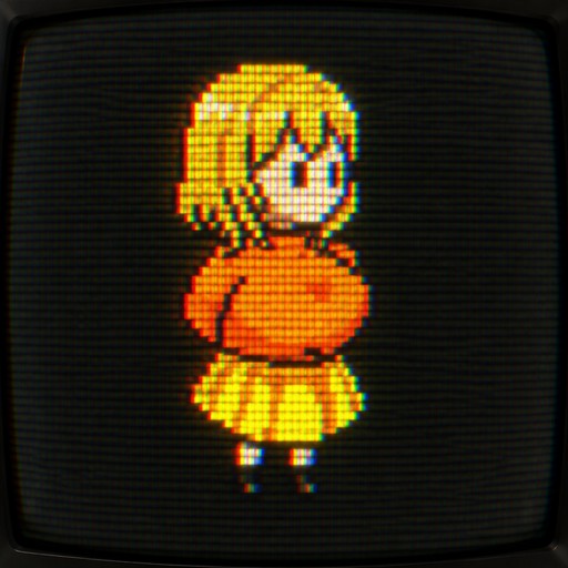 Pixel art of a blonde person in an orange top and yellow skirt on a dark screen.