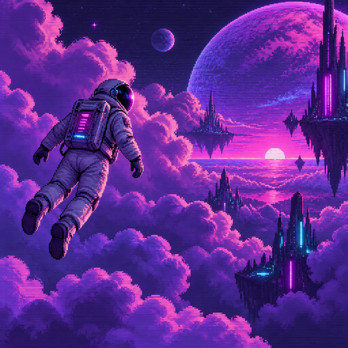 An astronaut floats amongst billowy purple clouds in an alien sky