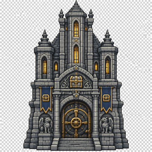Can you generate me a fantasy style medieval 64x64 pixeled vault/bank style building that stores all the players items, in a front view on a completely transparent background. I want the building to be fully stone and be tall. 