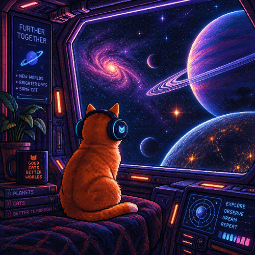 An orange cat with headphones watching stars and planets through a starship’s window