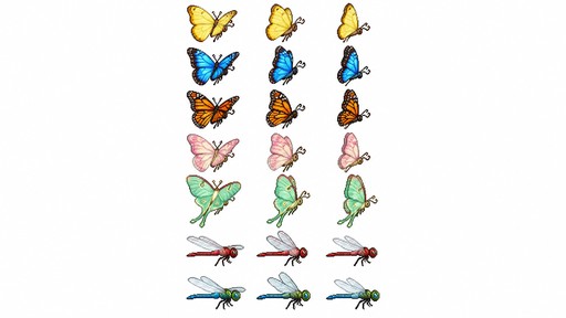 A 2D pixel art sprite sheet of 5 butterflies and 2 dragonflies for a cozy 16-bit river fishing RPG, isolated on a pure solid white background #FFFFFF:

1. Species & Rows Included (7 horizontal rows total):
   - Row 1 (Butterfly): Sulfur Yellow Butterfly (bright vibrant lemon-yellow wings, subtle pastel edges).
   - Row 2 (Butterfly): Blue Morpho Butterfly (glowing iridescent sapphire blue wings with crisp black borders).
   - Row 3 (Butterfly): Monarch Butterfly (deep warm orange wings, distinct black veins, tiny white edge dots).
   - Row 4 (Butterfly): Cherry Blossom Moth / Pink Butterfly (soft pastel sakura pink wings, creamy body).
   - Row 5 (Butterfly): Moonlight Moth (luminous mint green / pale cyan wings, magical glowing aesthetic).
   - Row 6 (Dragonfly): Red Skimmer Dragonfly (slender scarlet red body, clear glassy translucent wings).
   - Row 7 (Dragonfly): Green Darner Dragonfly (emerald green thorax, long blue abdomen, delicate transparent wings).

2. Animation & Pose Requirements:
   - Perspective: Exact flat horizontal side-view flight profile (facing right).
   - Butterfly Frames (Rows 1-5): 3-frame flight flapping sequence per species (Wings Open Wide, Wings Half-Folded, Wings Closed Upright).
   - Dragonfly Frames (Rows 6-7): 3-frame rapid hovering sequence per species (Wings Flat, Wings Tilted Up, Wings Tilted Down).
   - Layout: Clean aligned grid format with equal cell sizes and ample clear spacing between rows and columns.

3. Style & Resolution:
   - 16-bit retro cozy pixel art, Stardew Valley aesthetic.
   - Crisp distinct pixel edges, sharp silhouettes, strictly NO anti-aliasing against the white background.
   - Clean readable palette.

4. Isolation:
   - Solid pure flat white background #FFFFFF for automatic alpha thresholding and chroma-key extraction.
   - Strictly NO drop shadows, NO flowers, NO ground, NO background gradients, NO text, NO watermarks.