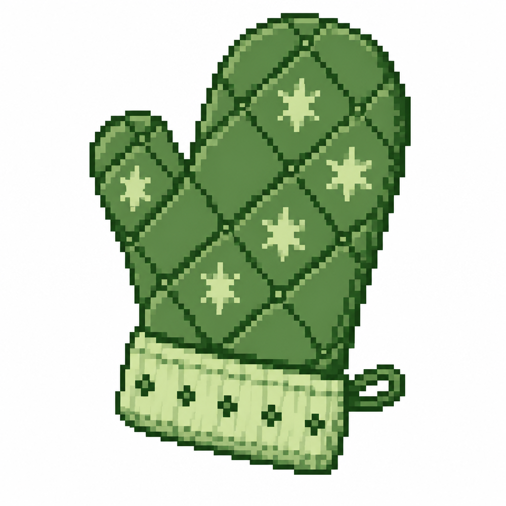 A quilted Christmas oven mitt with stitched stars and a contrasting cuff. White background