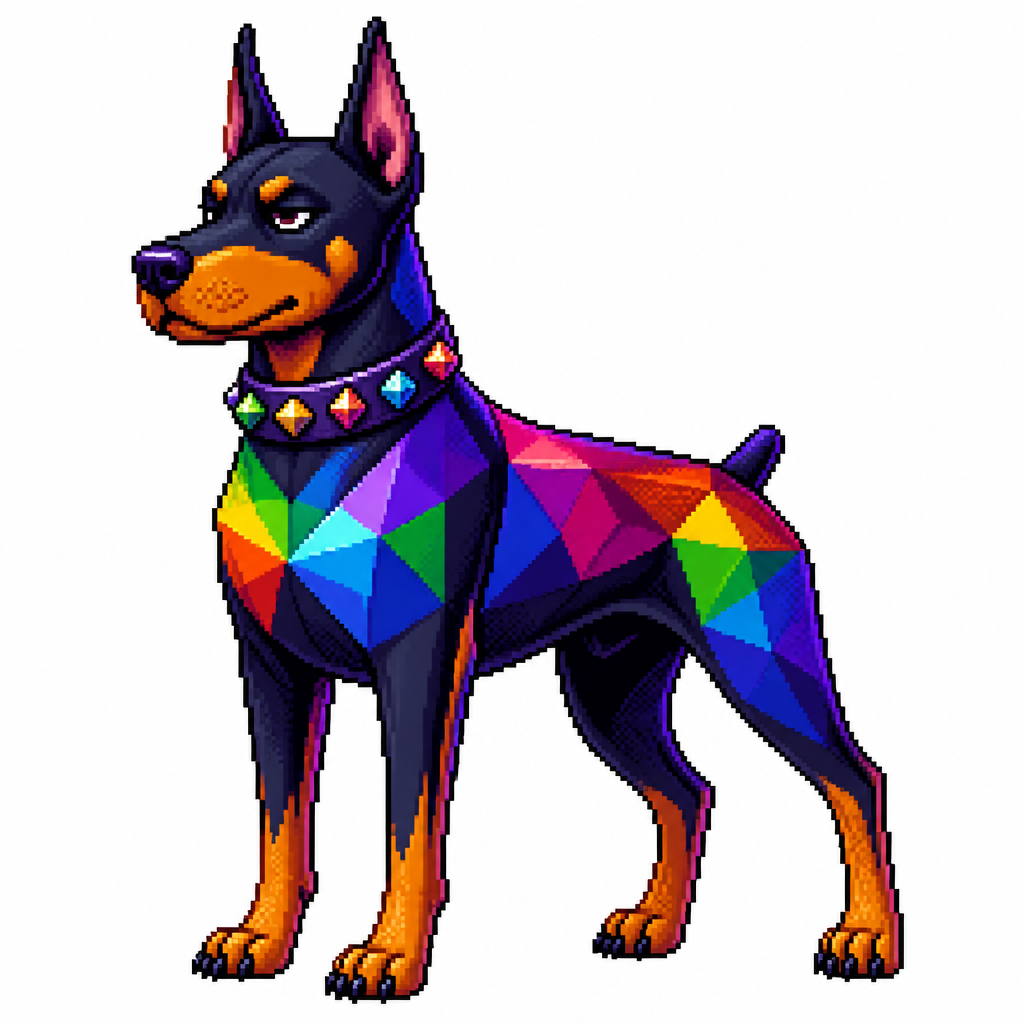 Cartoon prism doberman, full body, white background