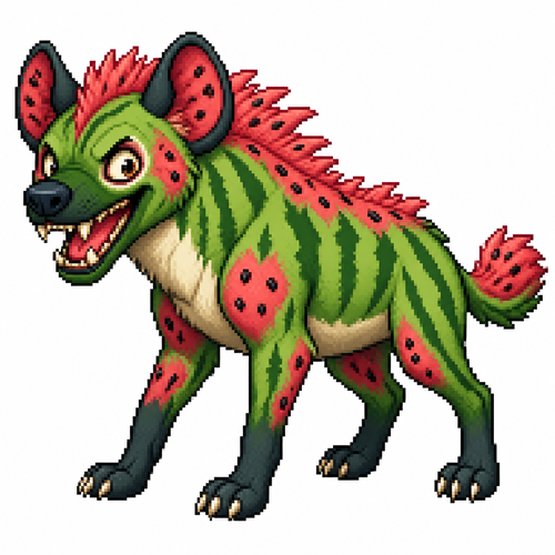 Cartoon watermelon hyena, full body, white background