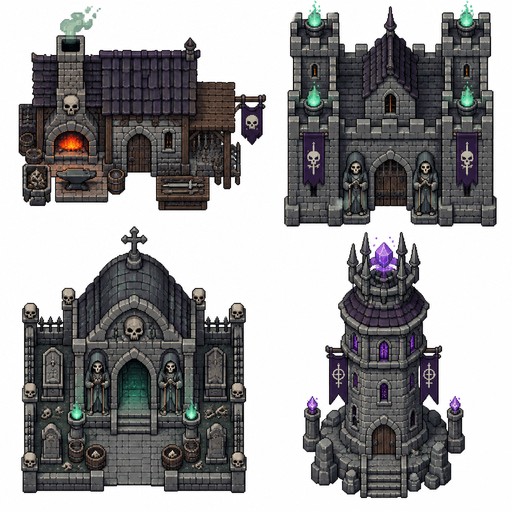 An top-down pixel art sprite sheet of 4 individual medieval buildings, with undead themed, including a blacksmith, a stone keep, a cript and a magic watch tower, generous spacing between assets, knolling layout, neatly arranged on a solid plain white background, 16-bit aesthetic, pure pixel art, sharp pixel edges, pixel-perfect, clean 2:1 pixel lines, crisp details, no anti-aliasing --ar 16:9