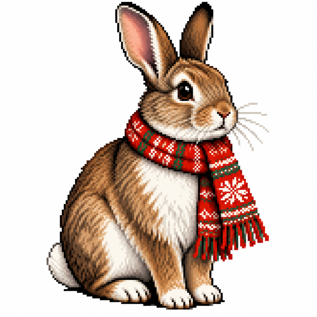 High contrast image on a white background of a rabbit with detailed for wearing a smarted Christmas scarf