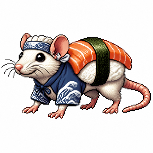 Cartoon sushi rat (quadruped), full body, white background