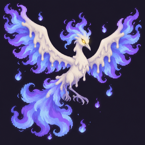 Draw me a fusion of litwick and moltress so it’s like a white bird made out of wax with a glowing yellow eye, it has blue and purple flames as the tail and feathers of the wings so on the wing top part is wax and flames coming out of it like the feathers and it has to be drawn in a 288 x 288 