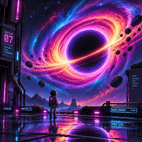 A young girl astronaut seen from a distance stands in front of a colorful portal to a black hole