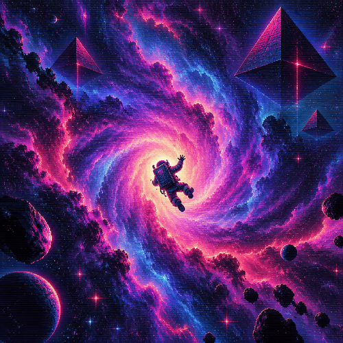 Seen from a distance, an astronaut is falling into a huge nebula. Center the astronaut in the nebula floating space pyramids are in the distance 