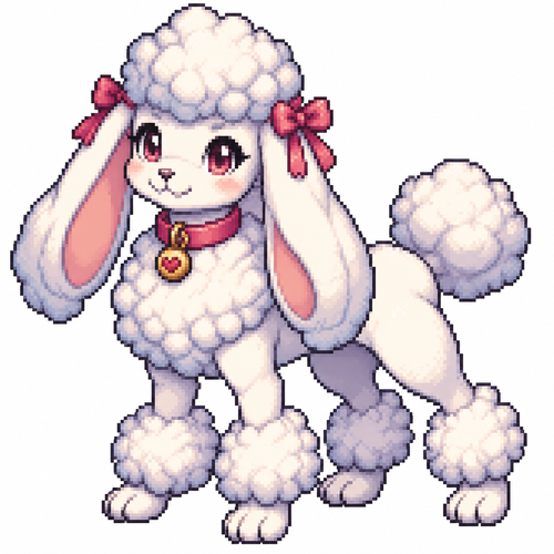 Cartoon poodle/rabbit hybrid (quadruped), full body, white background