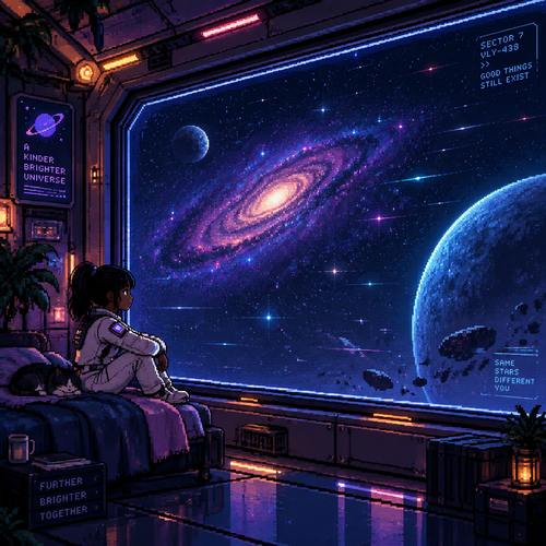 Pixel art of a young girl on a spaceship watching stars go by the window. With dark hair in a pony tail and brown skin. She is wearing a spacesuit. She looks peaceful. The window should be huge and she is smaller in the frame. Loop the video. The stule should be similar to the art here: https://www.capcut.com/resource/pixel-art-background