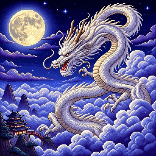 insane chinese dragon white coloured flying through the sky reaching clouds in the full moon