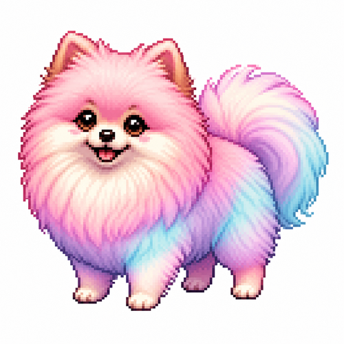 Cartoon cotton candy pomeranian, full body, white background