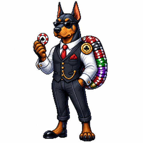 Cartoon poker chip doberman, full body, white background