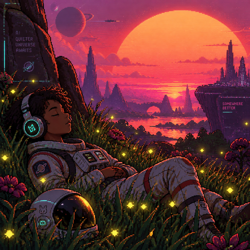 Make an image of a young teen astronaut with brown skin and headphones sleeping in grass at sunset on an alien world. There are fireflies all around and the setting sun is really large