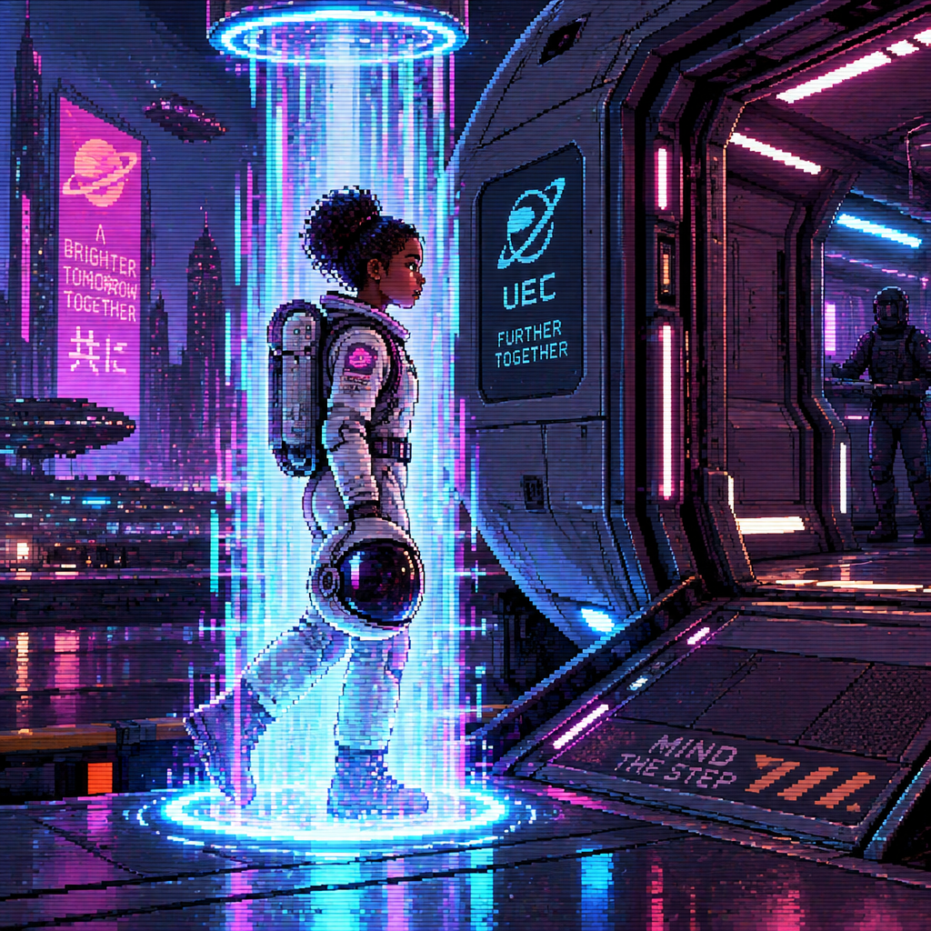 Young girl astronaut with dark skin is transpoting onto a ship