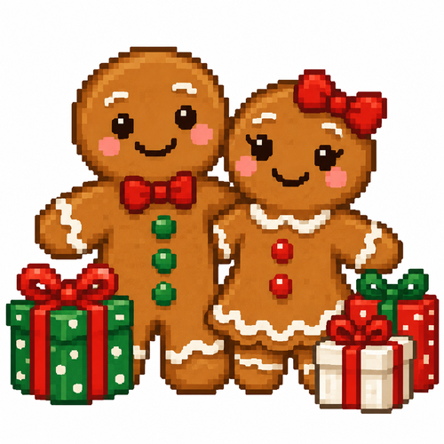 Close up of gingerbread Man and gingerbread Woman together next to gifts. White background.