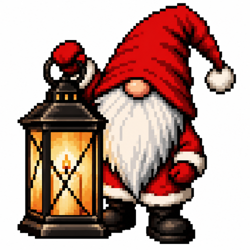 High contrast image on a white background of a Christmas gnome holding a Christmas lantern almost as big as him