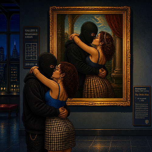 museum interior at night, couple kissing in the foreground, mirroring the exact pose of the Renaissance-era painting displayed behind them, large gilded framed painting showing a man and woman in Renaissance period clothing embracing in the same pose — her arms wrapped around his neck, heads tilted together in a kiss, man in black clothing and a black hoodie wearing a plain black balaclava-style mask covering his entire head and face, two simple round eye holes showing brown eyes, echoing the painted figure's gesture, tan-skinned woman with curly brown hair wearing a blue spaghetti strap top and houndstooth skirt, arms wrapped around his neck matching the painting's embrace, museum placard and info panel visible on the wall nearby, dim gallery lighting, cool grey-blue tones, warm gold frame lighting on the painting, moody cinematic atmosphere, visual parallel between the modern couple and the Renaissance painting behind them, 16-bit pixel art, dithered shading, limited color palette, hard pixel edges, retro game aesthetic, cinematic framing